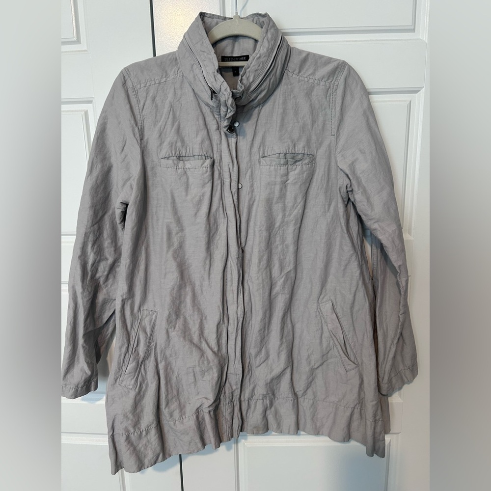 Eileen Fisher S Gray Crinkled Jacket. Tuck away hood